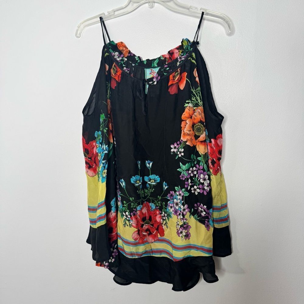 Johnny Was Black Floral Tank Top with Yellow Border
